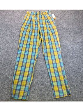 Vintage 90s Lord Isaacs Plaid Pleated Pant 6 Turquoise Cotton Retro Preppy